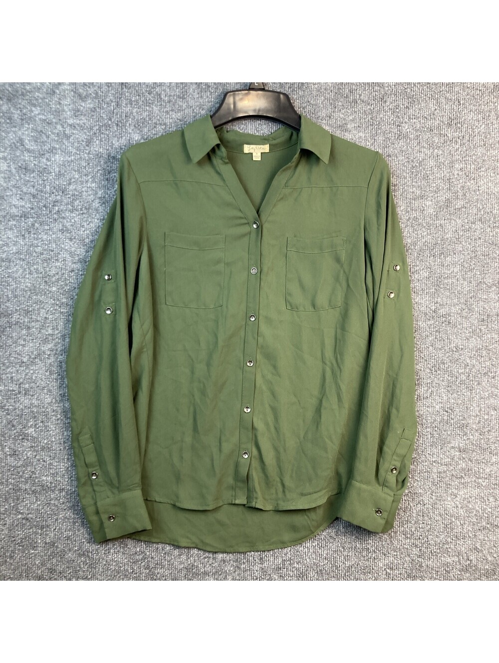 Lily White Womens Size Small Olive Green Button Up Long Sleeve Blouse Shirt